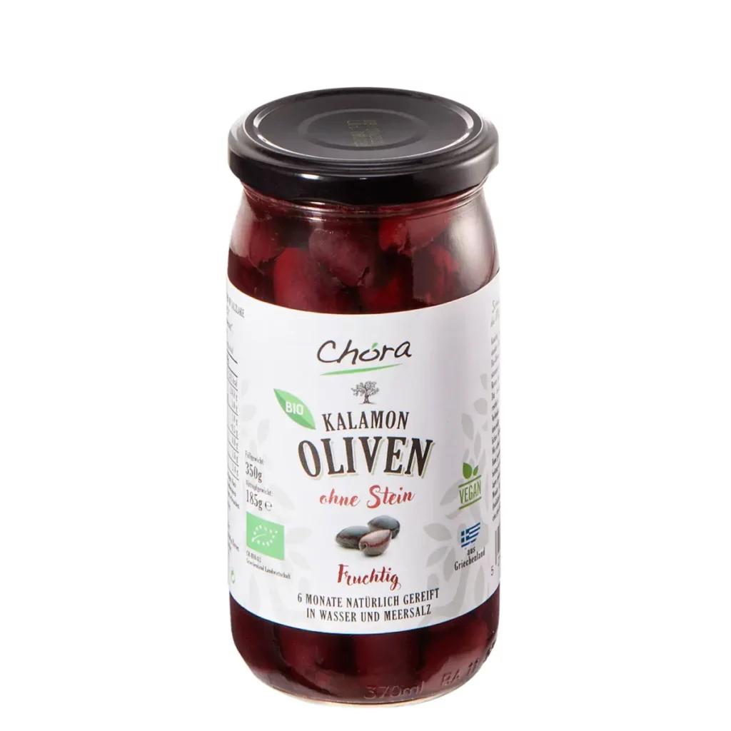 Bio-Oliven, kalamon ohne Stein. Natürlich gereift. Kalamon Oliven werden auch Kalamata - Oliven genannt, auch wenn sie nicht aus der Region Kalamata kommen.