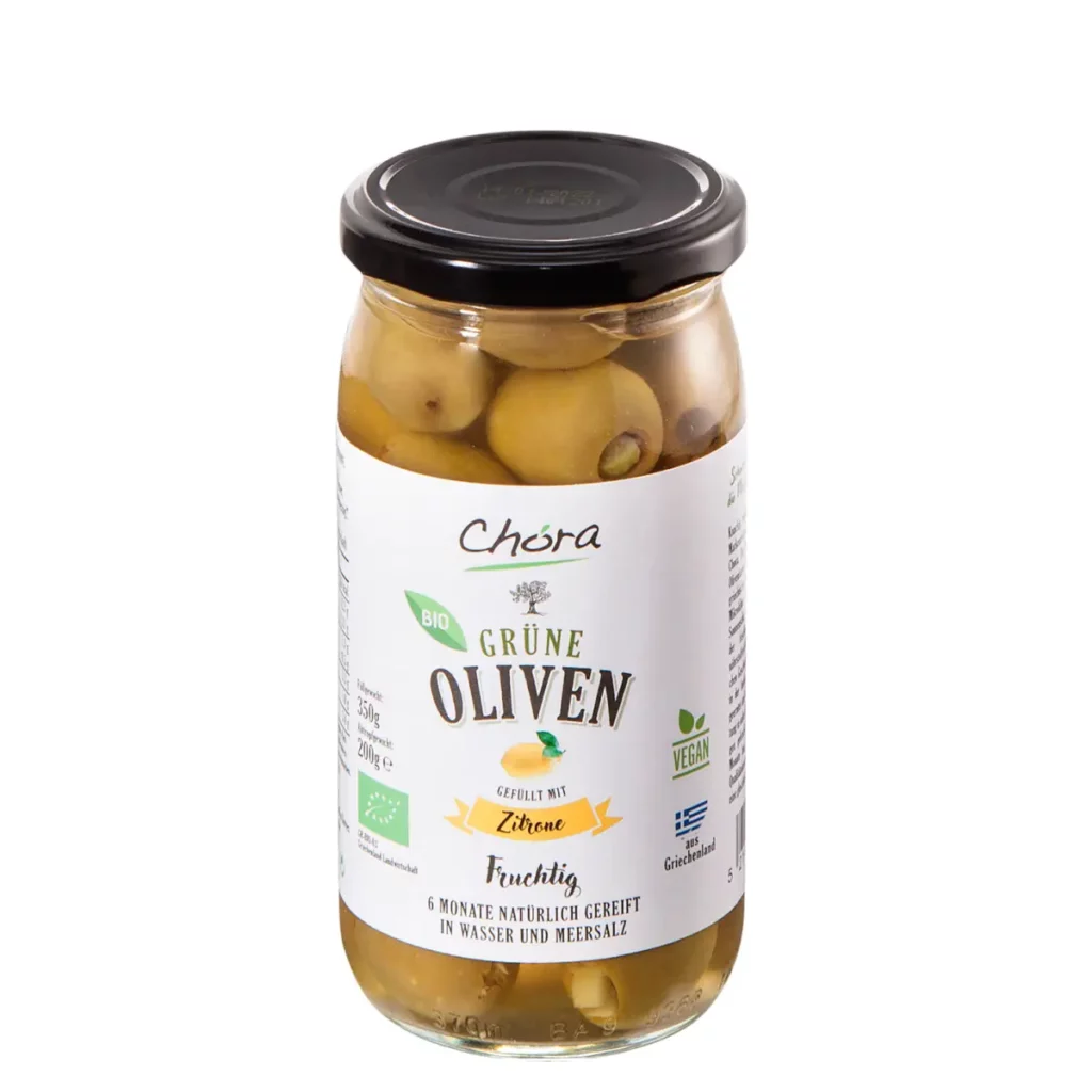 Zitronen Oliven! Bio-Oliven grün, gefüllt mit Zitronen-Stücken, Oliven eingelegt im Glas, aus Griechenland
