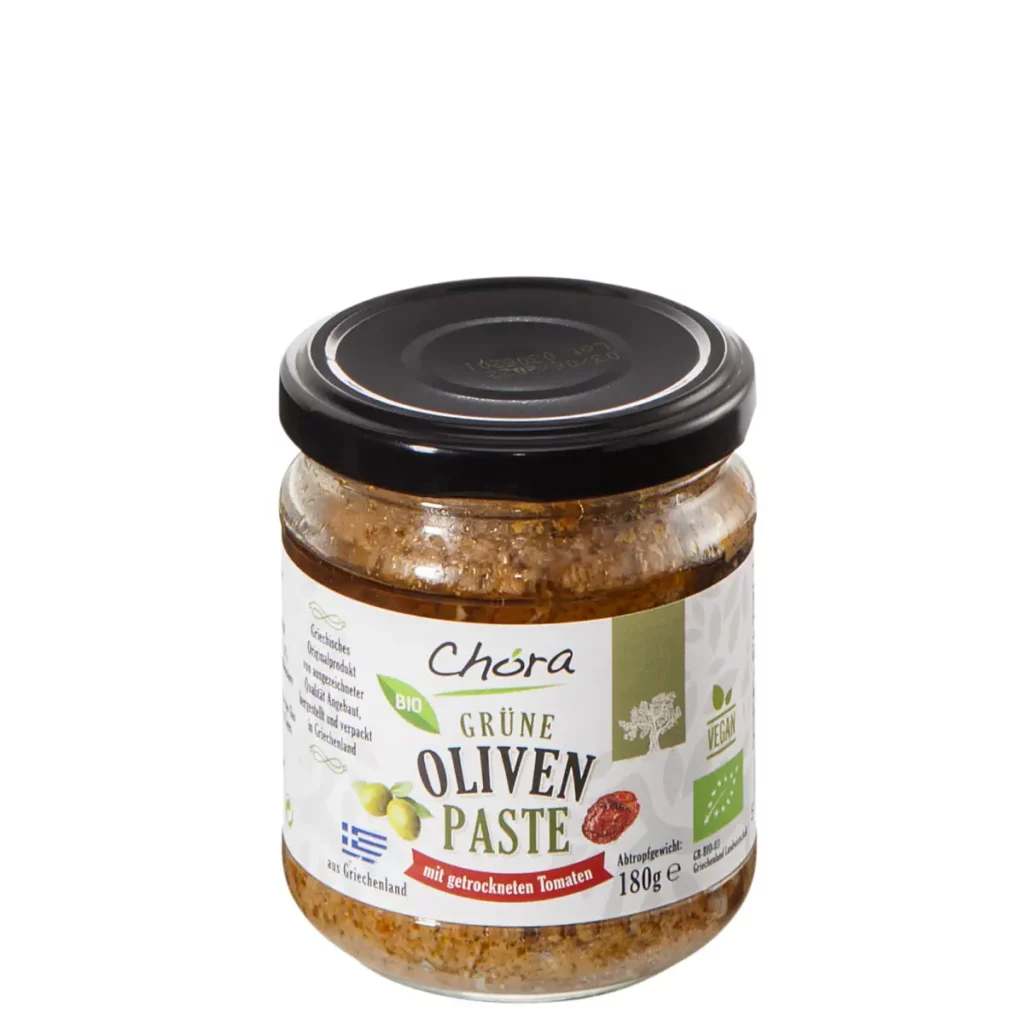 Olivenpaste bio aus grünen Oliven, gemischt mit getrockneten Tomaten, ideal zum Würzen und als Brotaufstrich