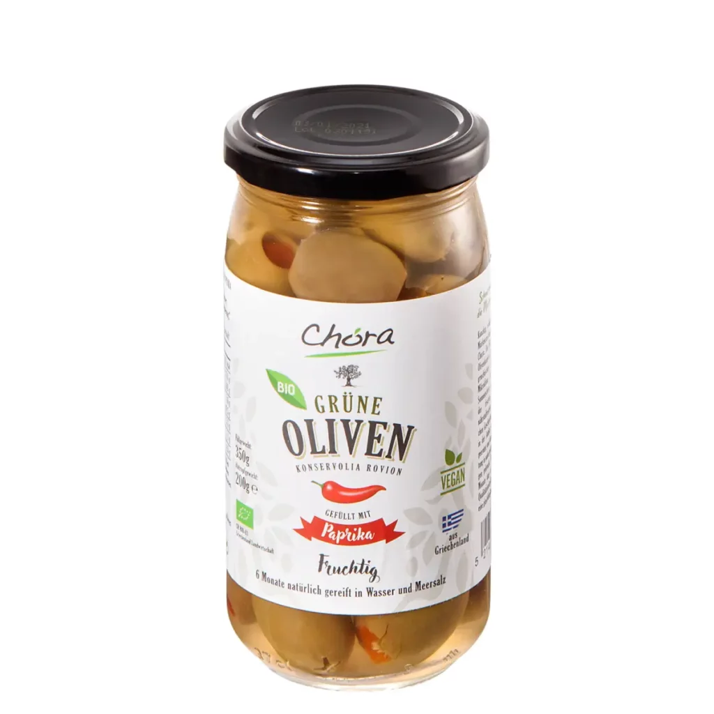 Oliven mit Paprika - Entdecken Sie den einzigartigen Geschmack von Chora's Bio-Oliven mit Paprika. Knackig, wohlschmeckend und perfekt als Snack oder in Gerichten