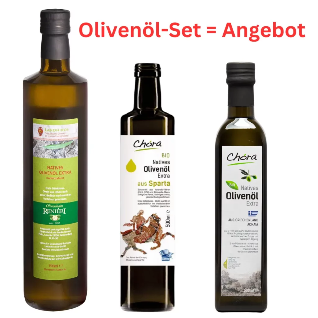 Olivenöl Set mit 3 Flaschen Olivenöl bzw. Bio-Olivenöl aus Griechenland.